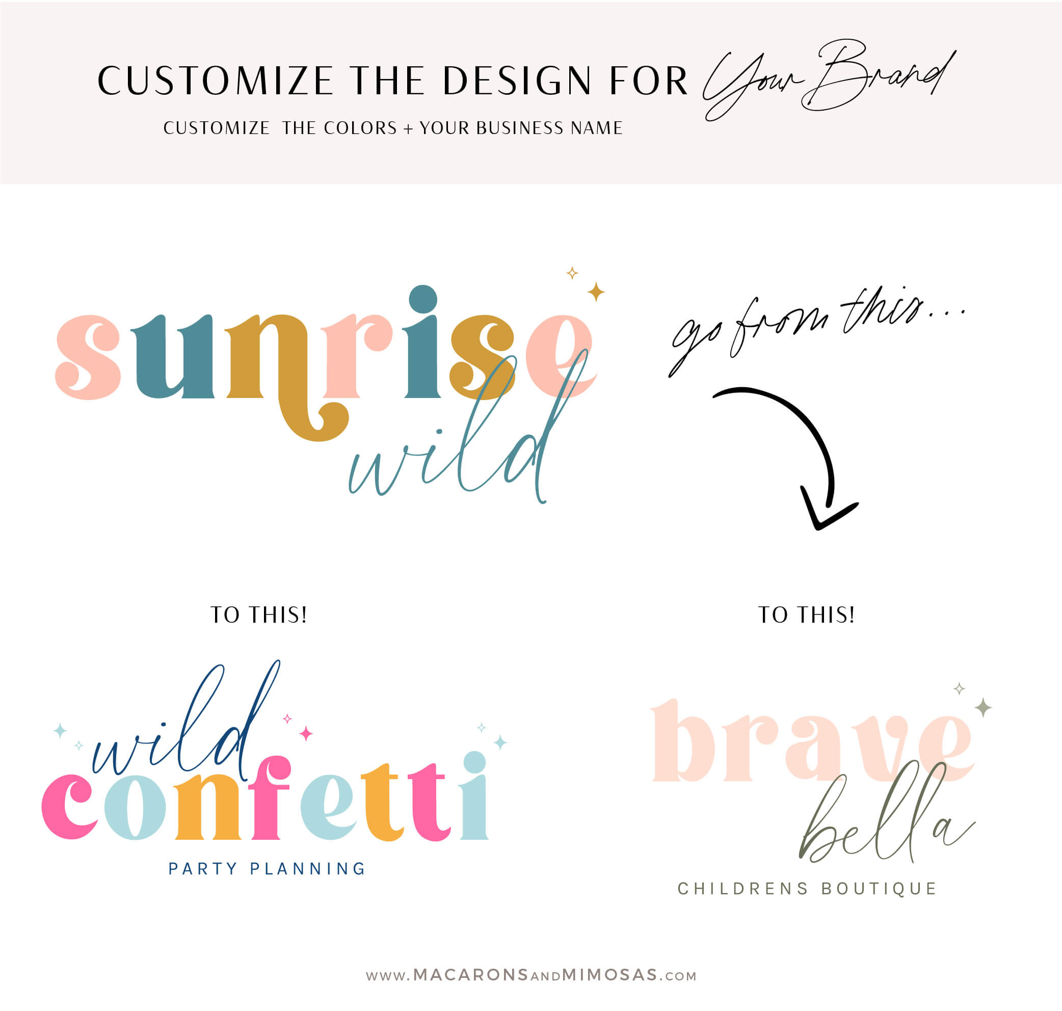 Colorful Retro Logo Design and Branding Kit for Boutique and Children, Fun Bright Boho Semi Custom Logo Package