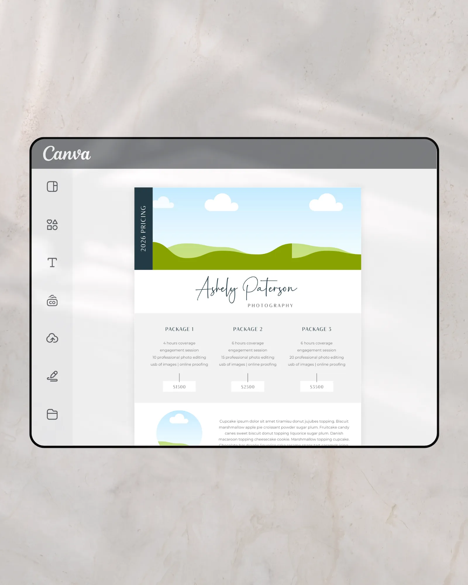 Canva editorial pricing guide template with clean service packages and pricing design