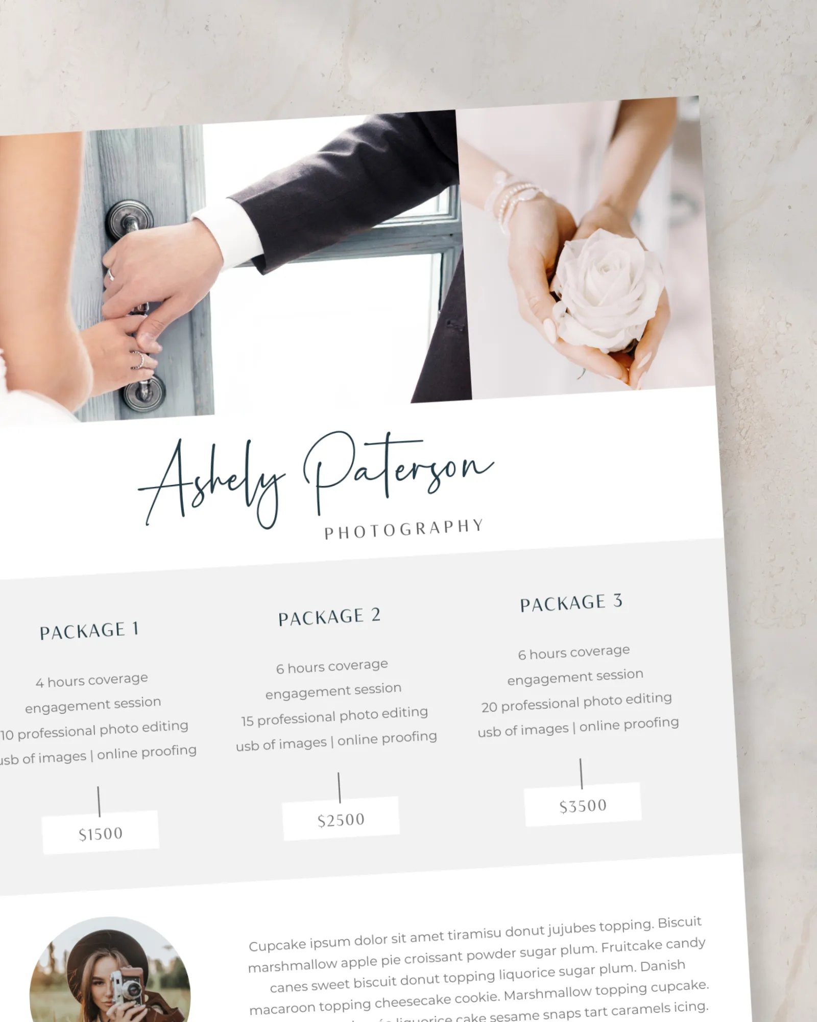 Editorial price list template editable in Canva showing modern pricing layout for photographers and creatives