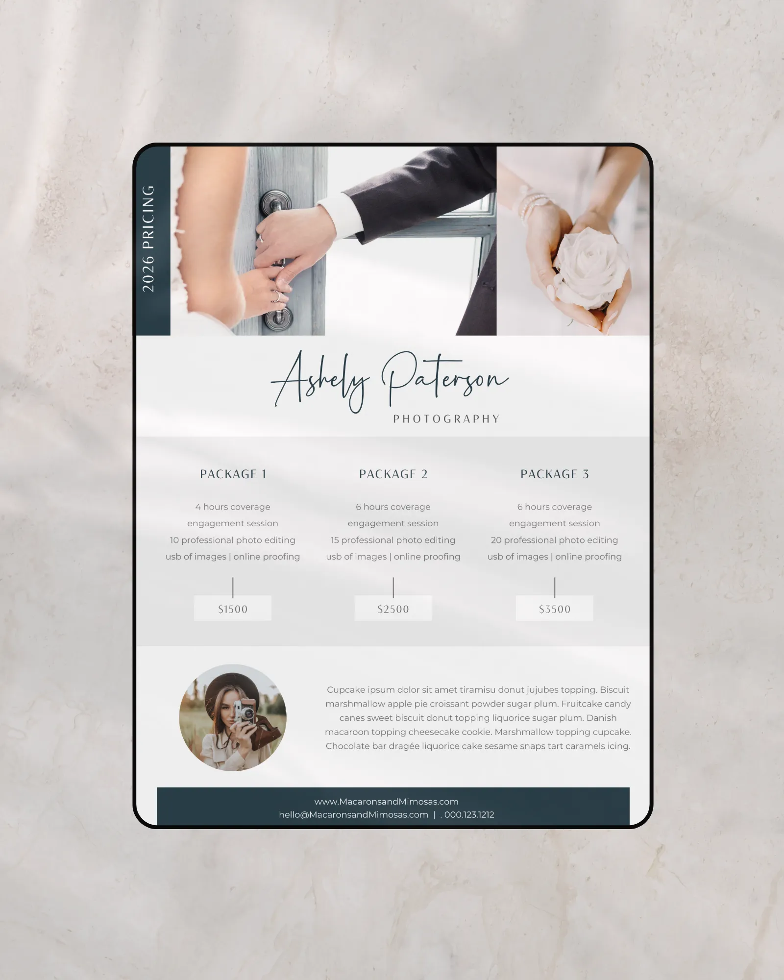 Editorial price list template editable in Canva showing modern pricing layout for photographers and creatives