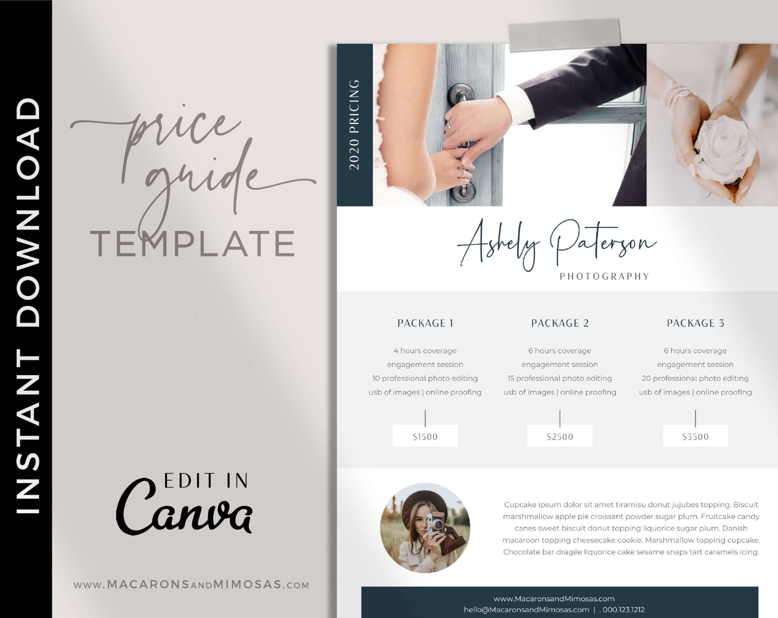 Price List, Price Menu Template, Photography Pricing Guides, Pricing Brochure Menu Wedding Photographer Template for Canva