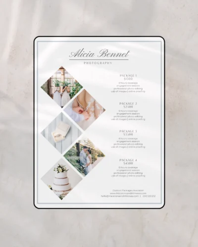 Photography rate sheet template editable in Canva for photographers showing pricing packages and service details