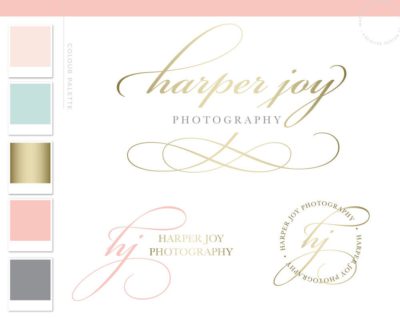 Gold Calligraphy Logo Design, Fancy Pink Mint Script Handwritten, Photography Premade Submark, Blogger Branding Board Logo Design
