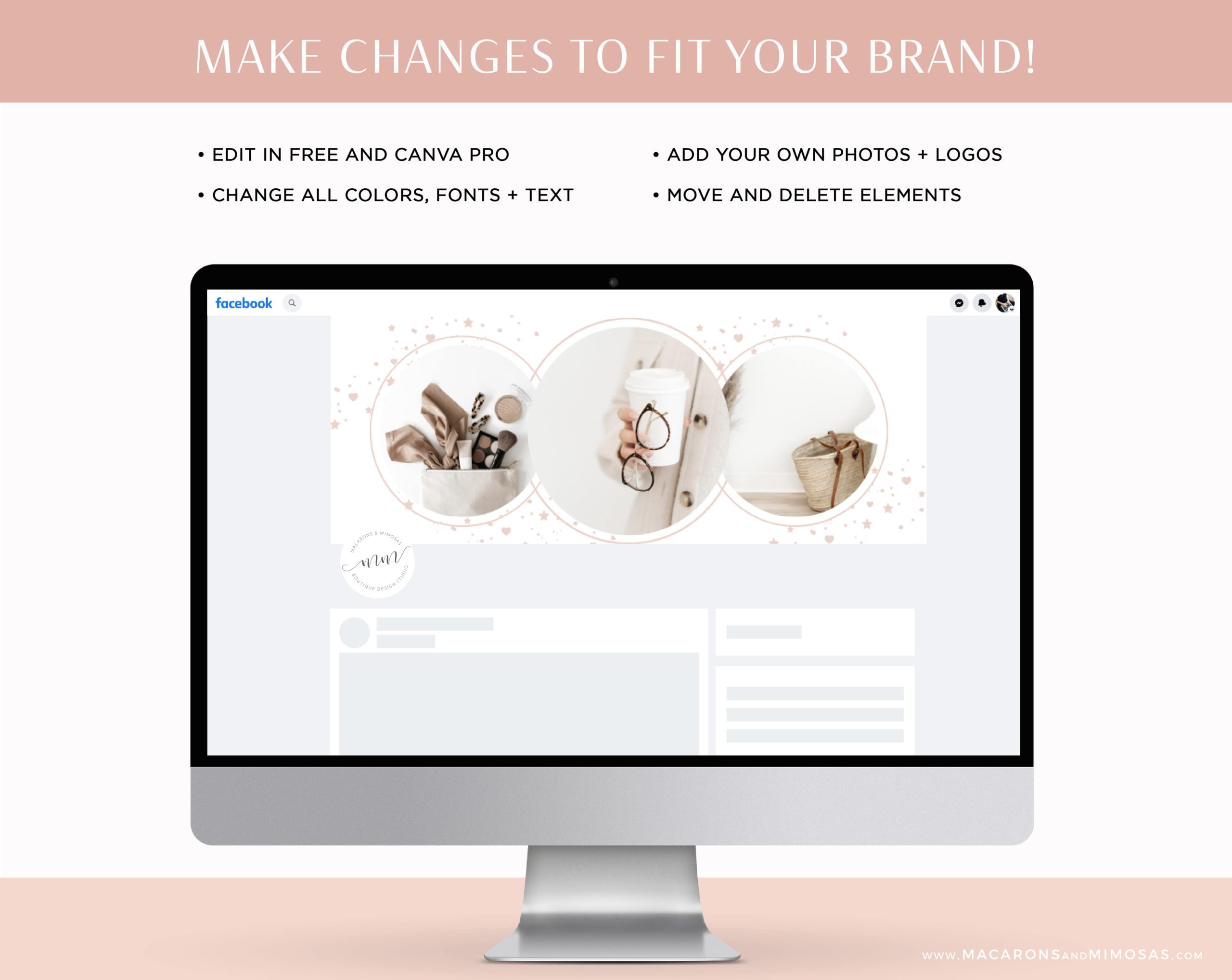 Star & Heart Facebook Cover Template in chic feminine pink and rose gold. Editable in Canva, DIY Social Media Templates for Canva edit to fit your brand!