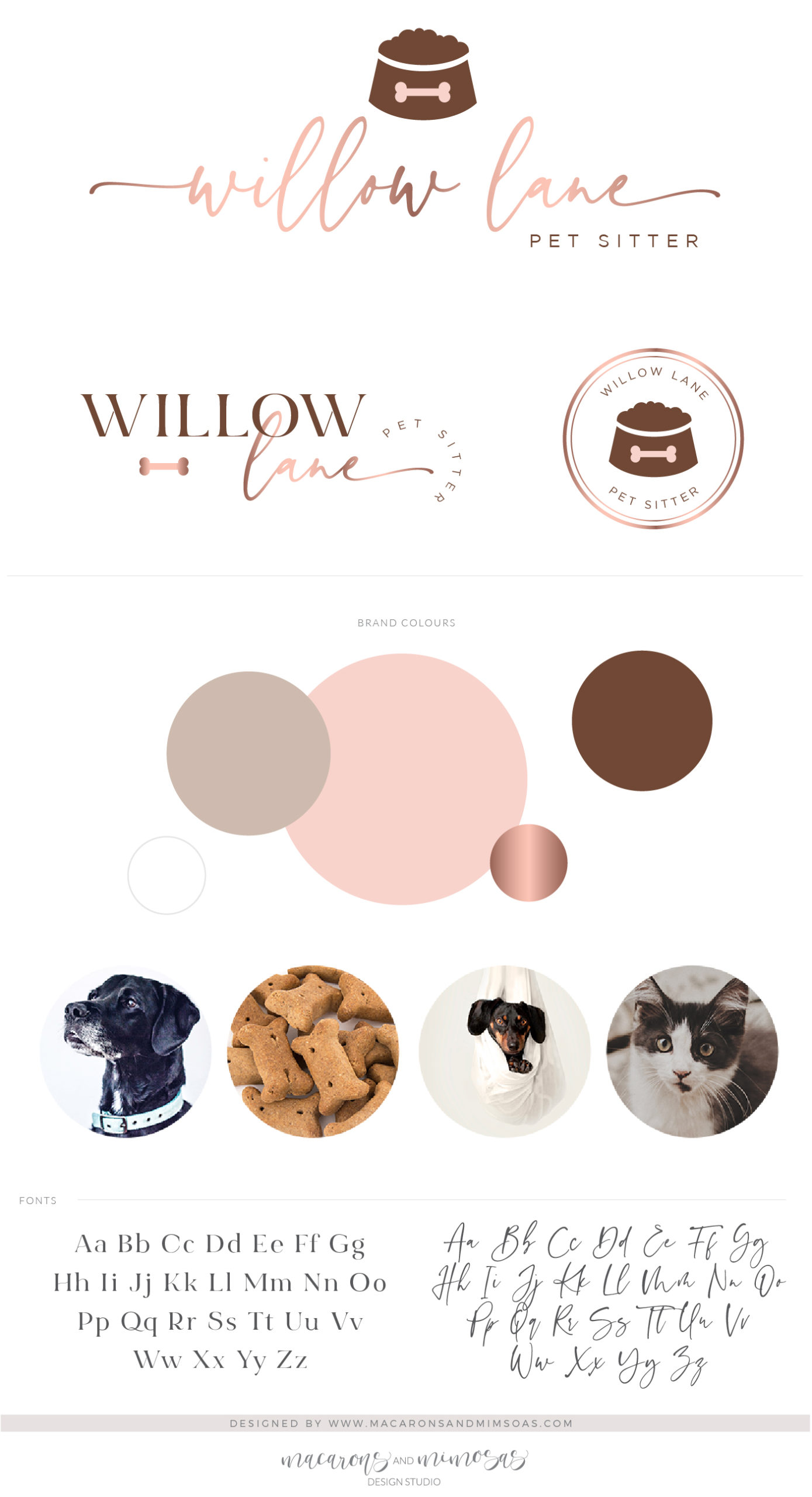Dog Walking Logo Design with dog bowl and bone for pet sitters, dog walkers, salons nad more Rose gold and Pink by Macarons and Mimosas