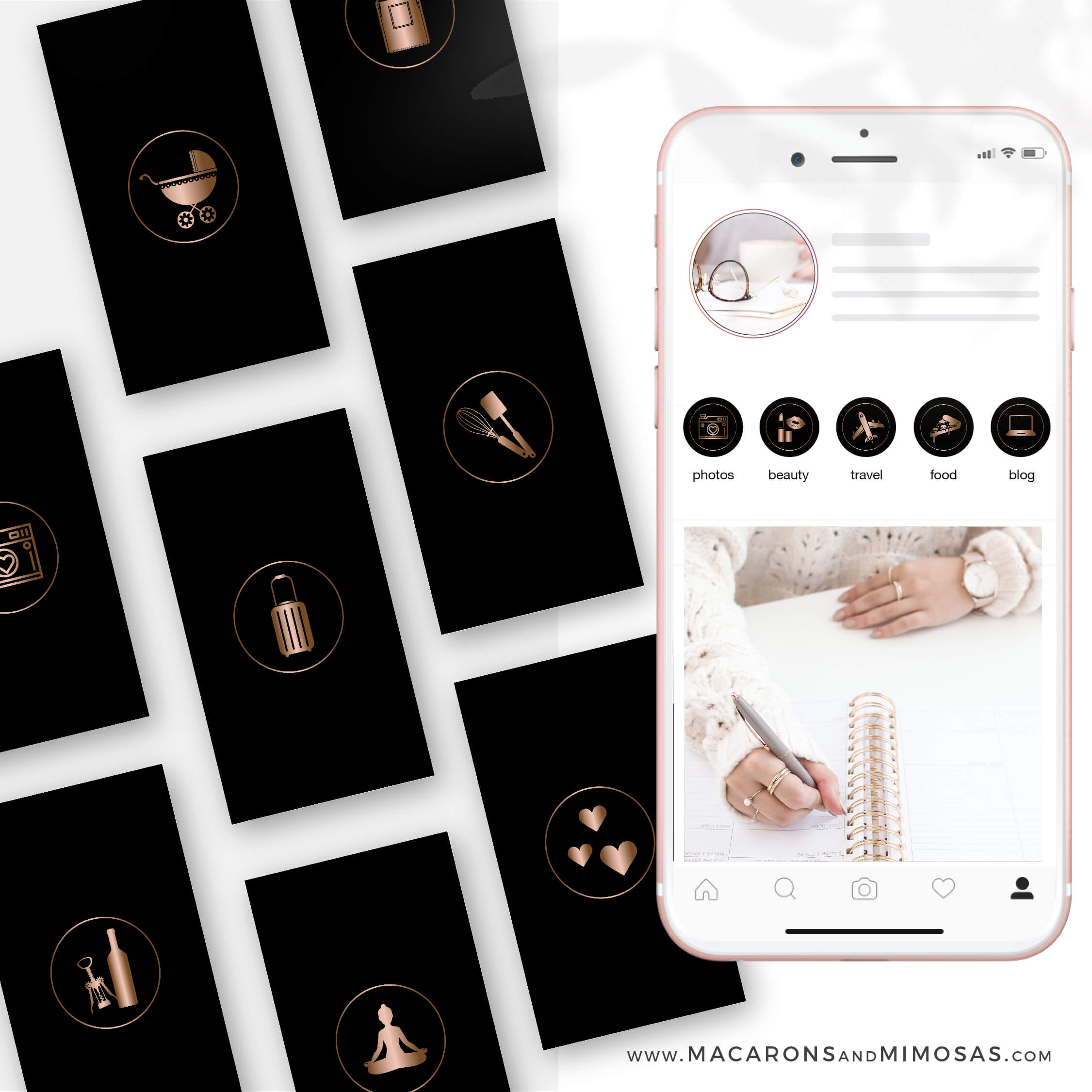 Black Marble Rose Gold Instagram Covers • Macarons and Mimosas