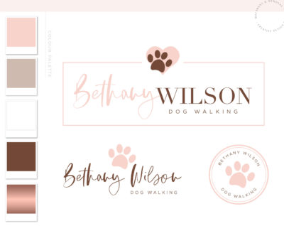 Dog Groomer Logo Design, dog walkers, Rose gold paw print branding, dog bone and collar with paw prints, Pink and modern branding packages