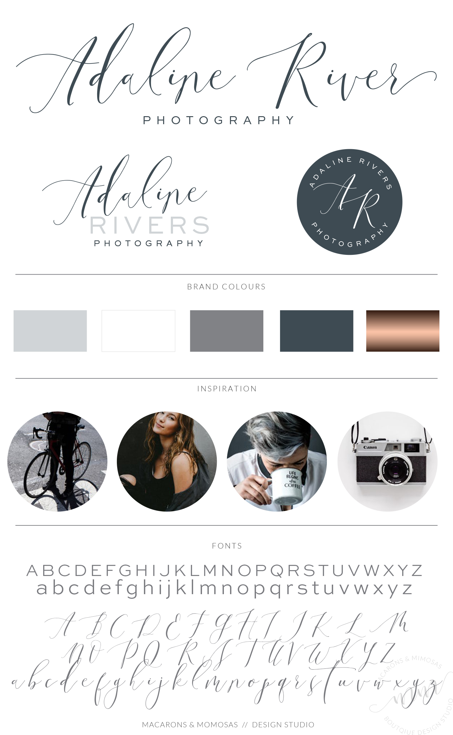 Blue and Rose Gold Premade Logo Design with Calligraphy Font by Macarons and Mimosas