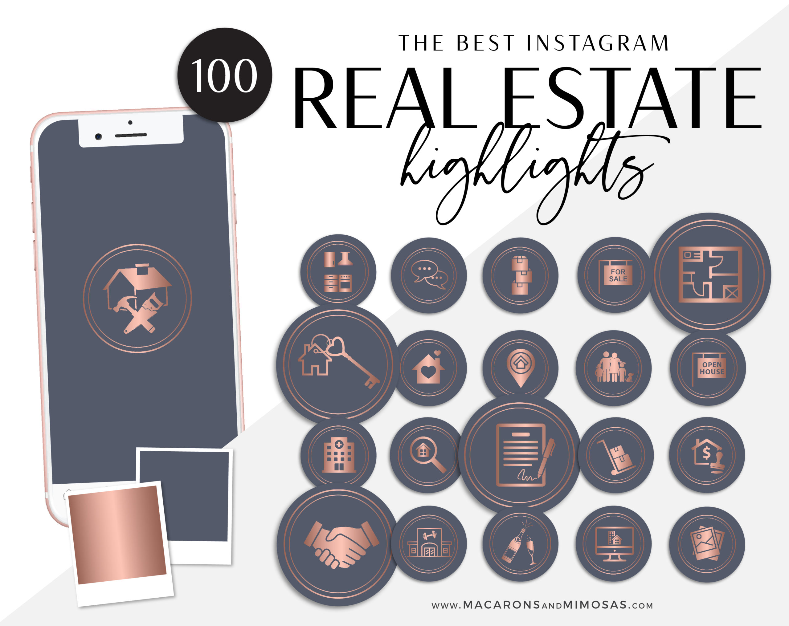 Real Estate Instagram Highlights, Blue Rose Gold Realtor Highlight Icons, Rose Gold Instagram Covers, Real Estate IG Story covers