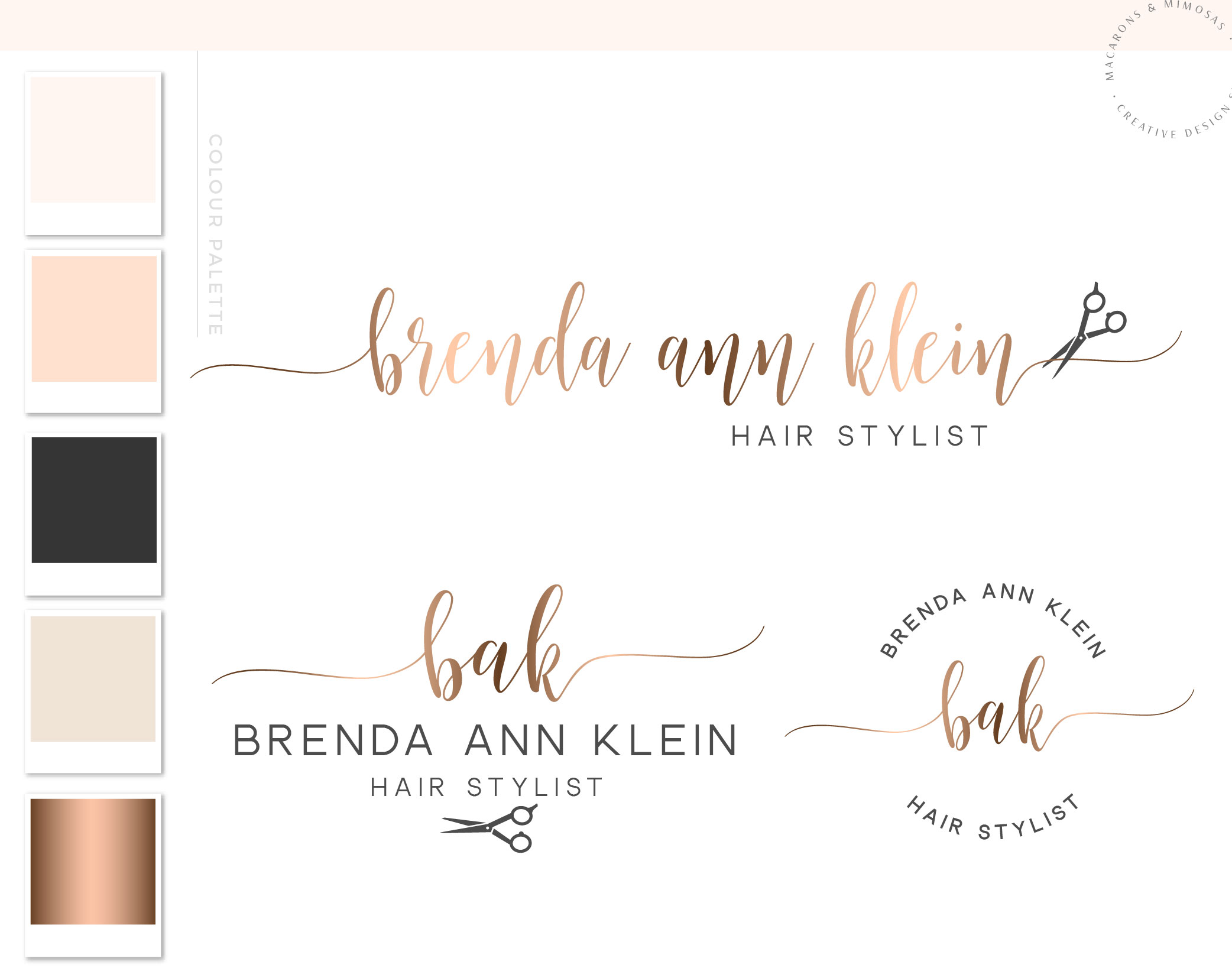 script hairstylist Scissors Logo, Beauty Branding kits, Premade Rose gold Logo, Stamp and Salon packages, fancy rose gold font marketing kits