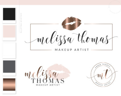Beauty Logo Design with Rose gold Lips for Artist and Salon by Macarons and Mimosas