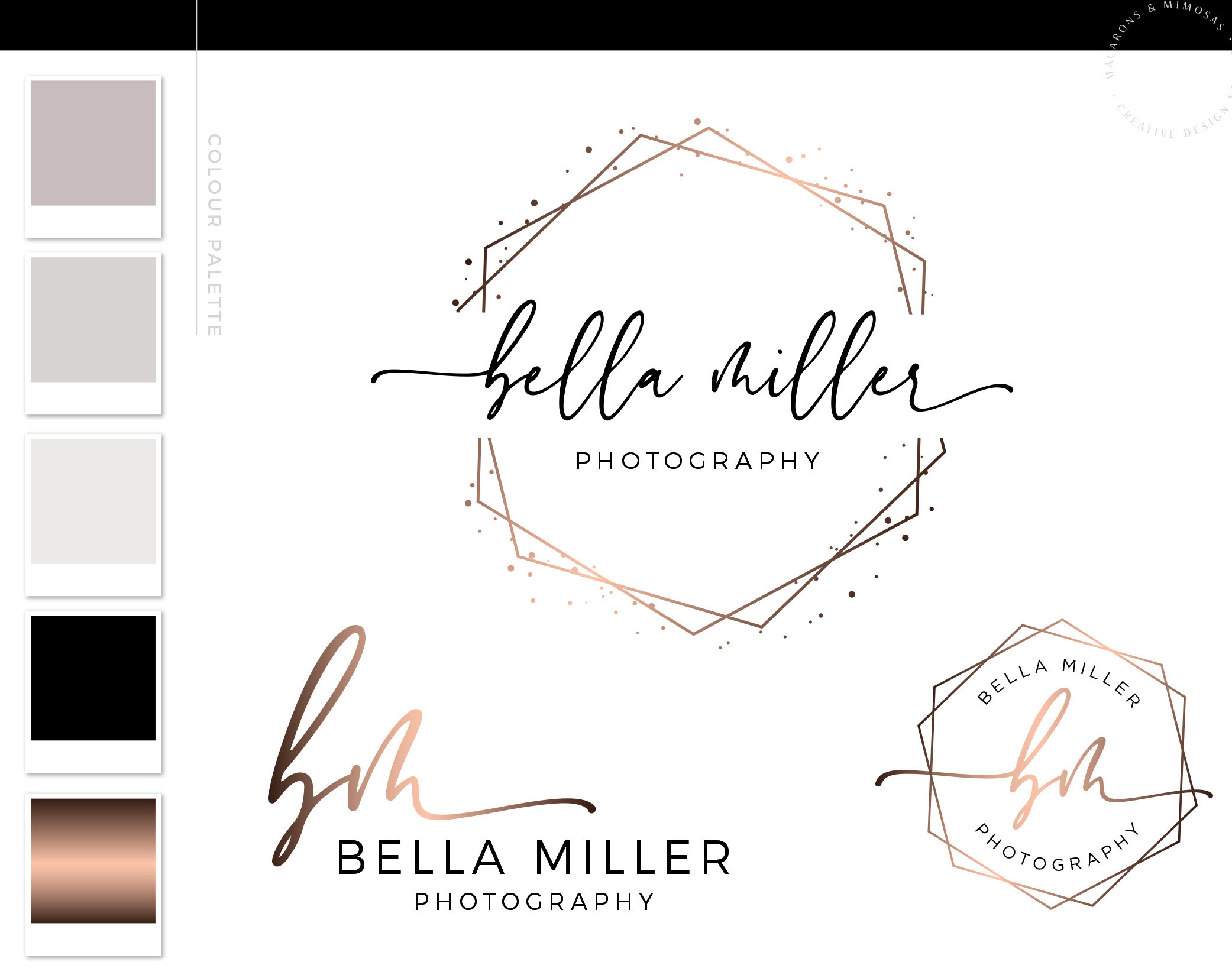 Rose gold hexagon preamde logo design for photography boutique blogger and more by Macarons and Mimosas