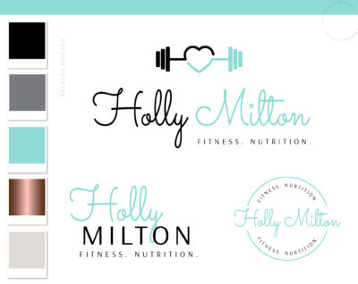 Personal Trainer Logo Design, Health and Wellness Work out Gym Branding, Fitness Logo Watermark Dumbbell Teal Business Brand