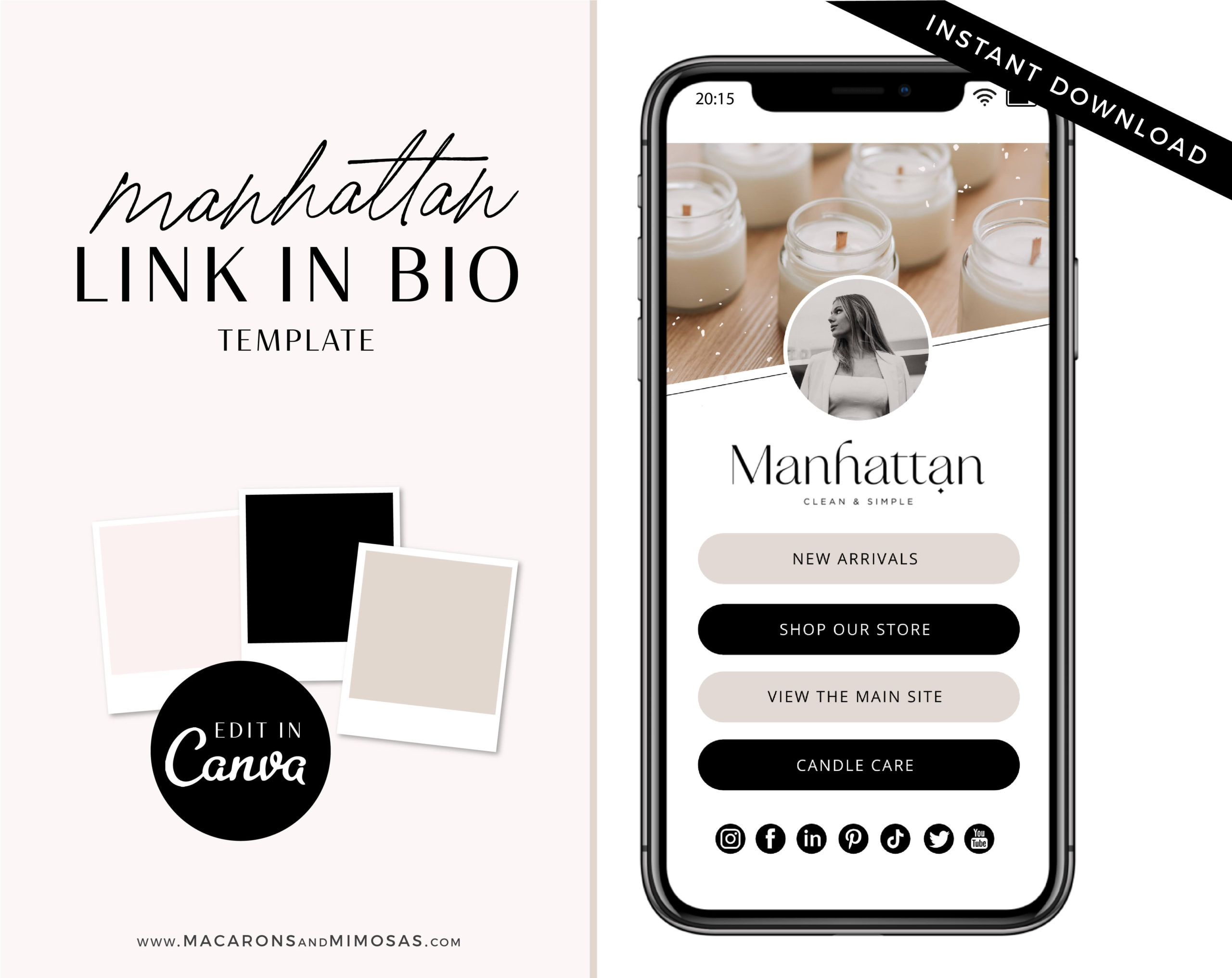 Modern candle company link in bio page template editable in canva with clickable links, digital business card Linktr.ee design