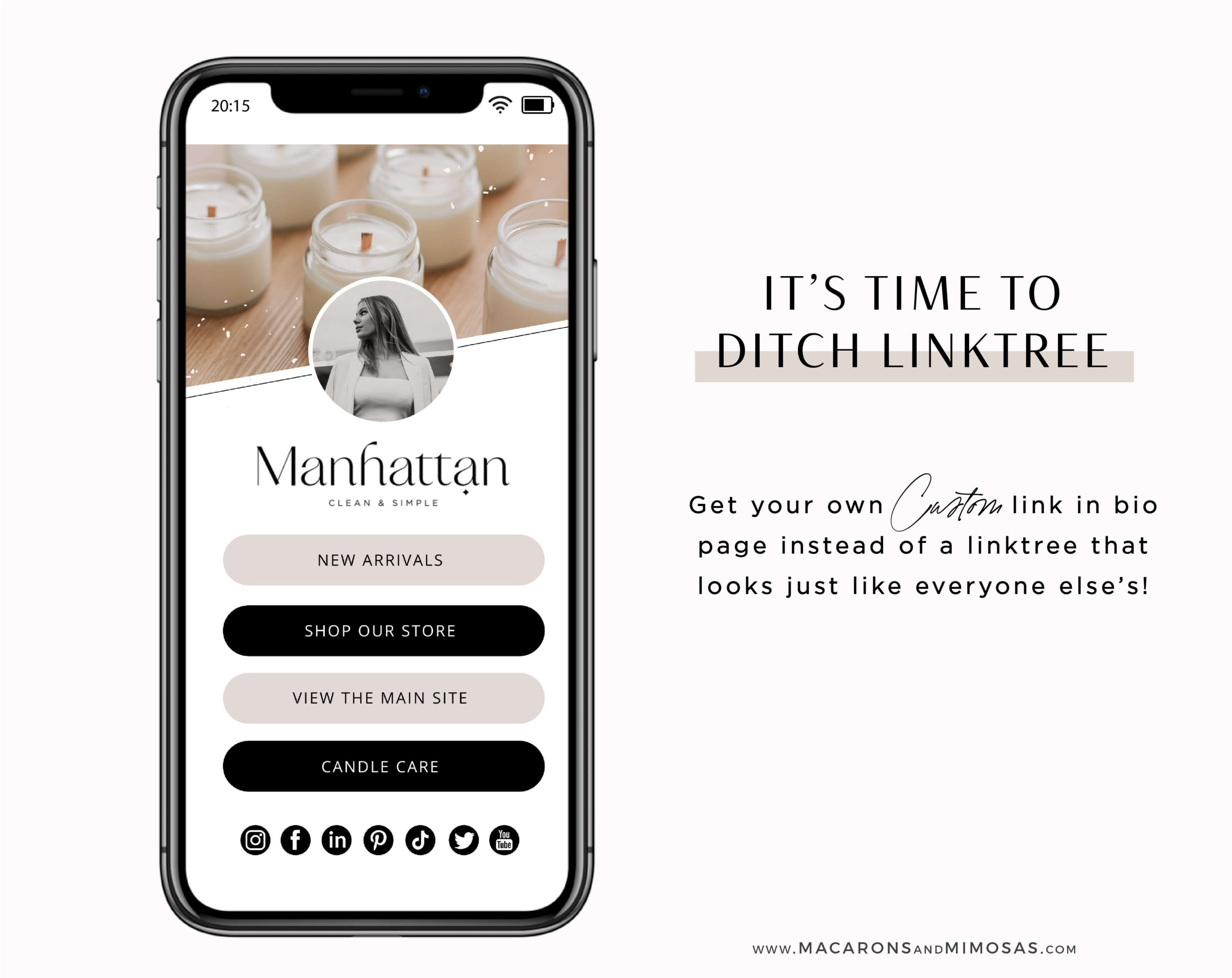 Modern candle company link in bio page template editable in canva with clickable links, digital business card Linktr.ee design