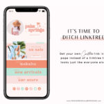 Custom bright retro link in bio page editable in Canva with clickable links, pink boho digital business card Linktr.ee design