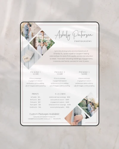 Luxury photography branding template editable in Canva showing pricing and brand presentation layout