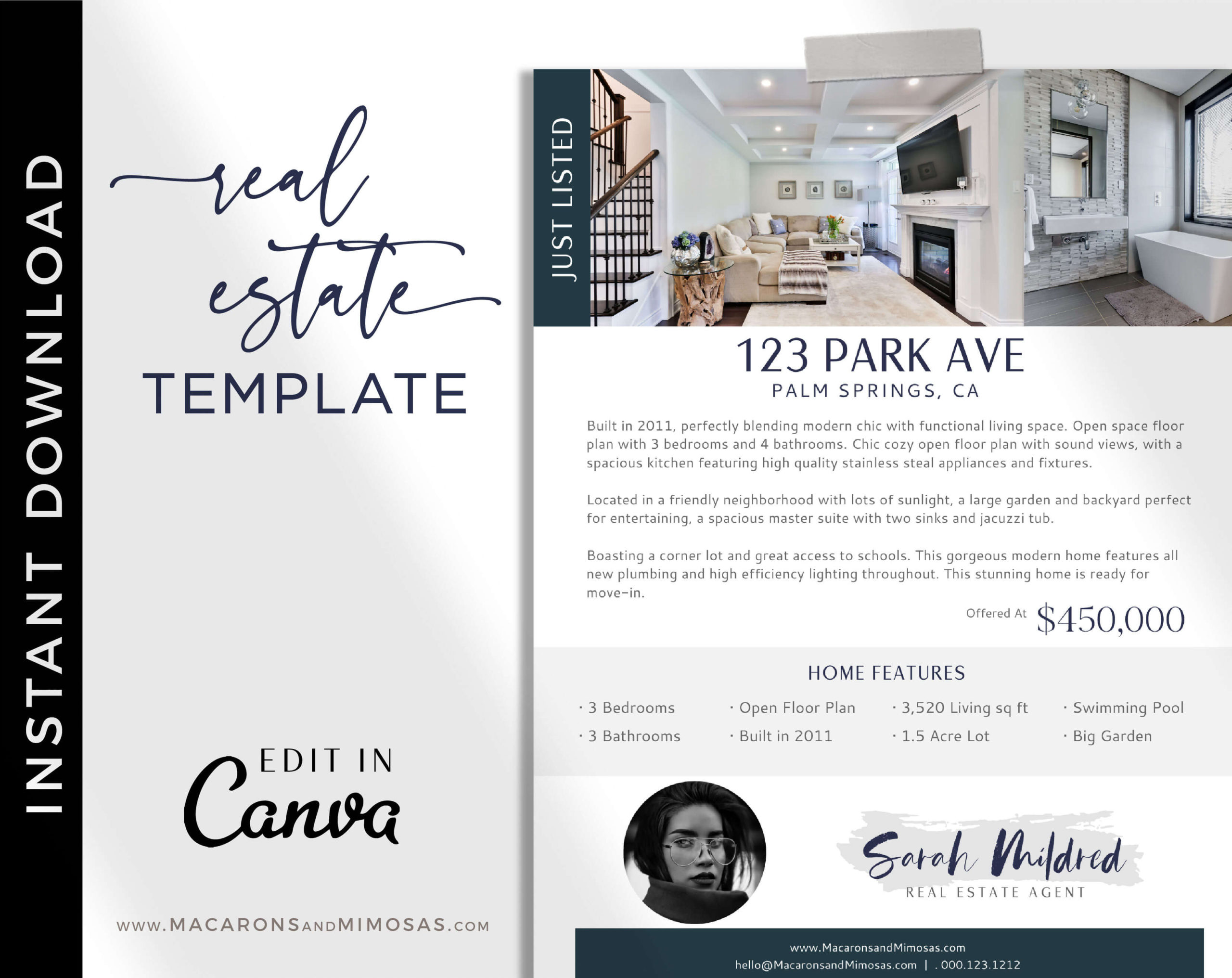 Open House Flyer Template, Real Estate Just Listed Home Flyer Sheet, Canva Marketing New House Listing, Realty House for Sale Template