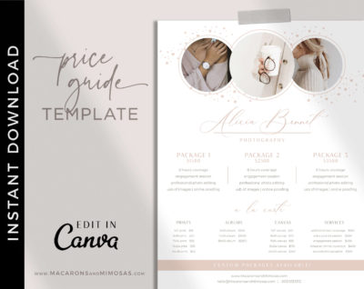 Pricing Guides Sheet, Canva Heart Star Photographer Price List, Pricing Guide Template, Baby Photography Branding Wedding Rack Card