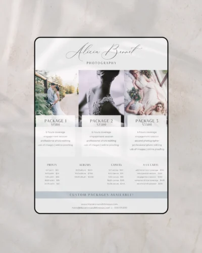 Photography price list Canva template for photographers presenting services and pricing professionally