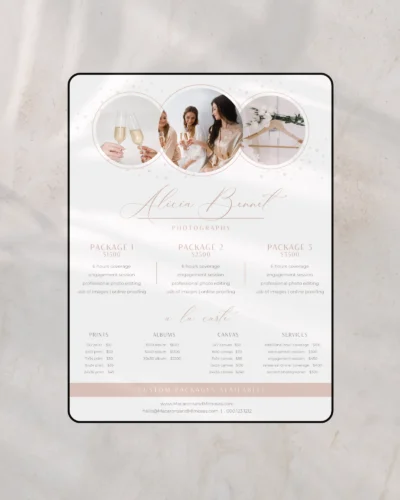 Photographer packages template editable in Canva showing photography service packages and pricing layout