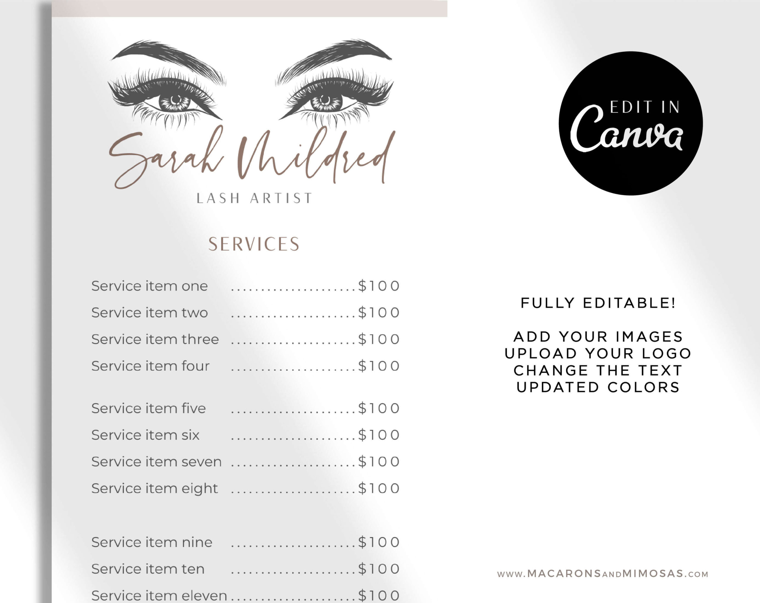 Beauty Price List, Lash Artist Salon Spa Price Sheet, Nail Service List Guide, Elegant Beauty Salon Rack Card, Lash Extension Prices