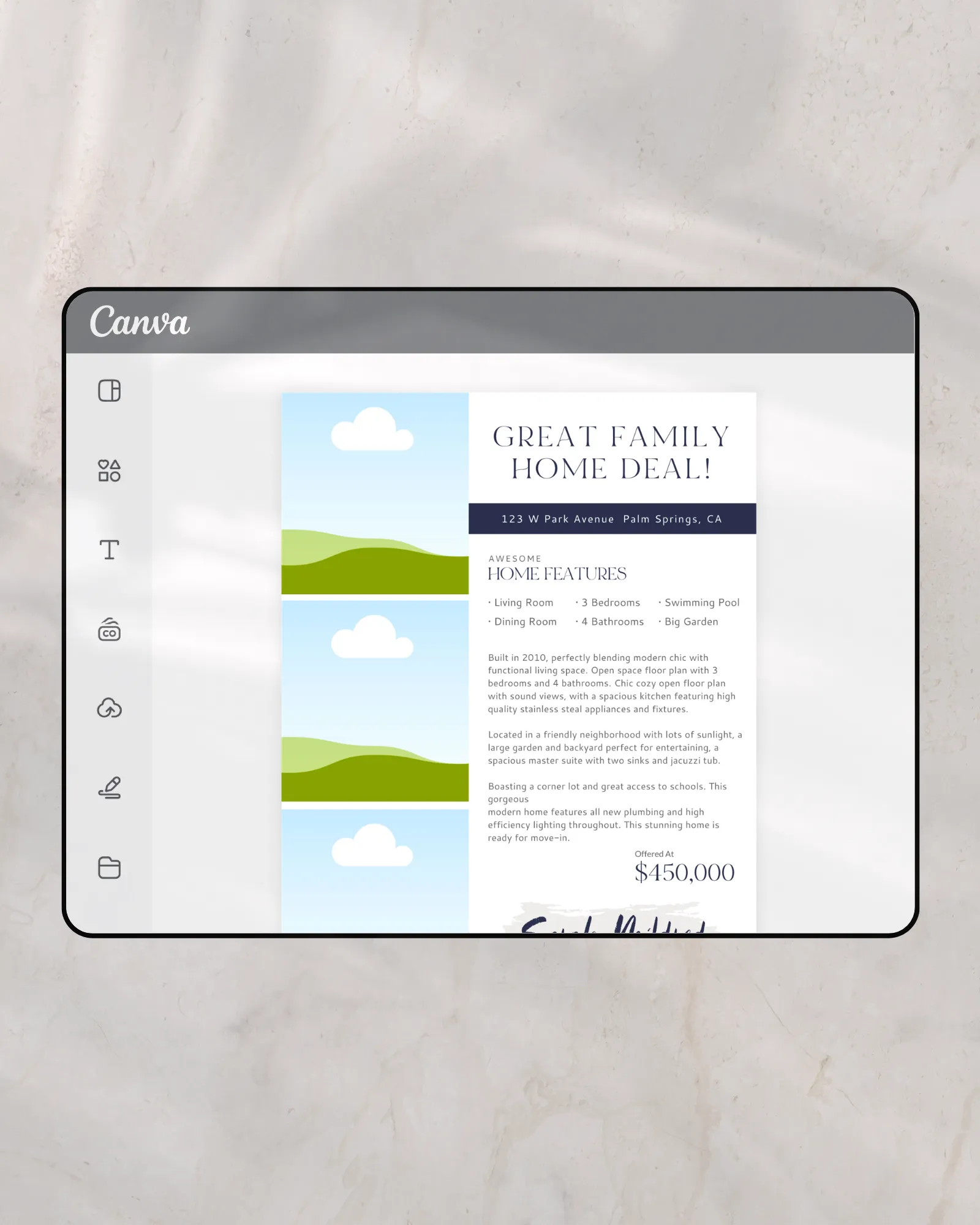 Editable Canva real estate feature sheet template for realtors
