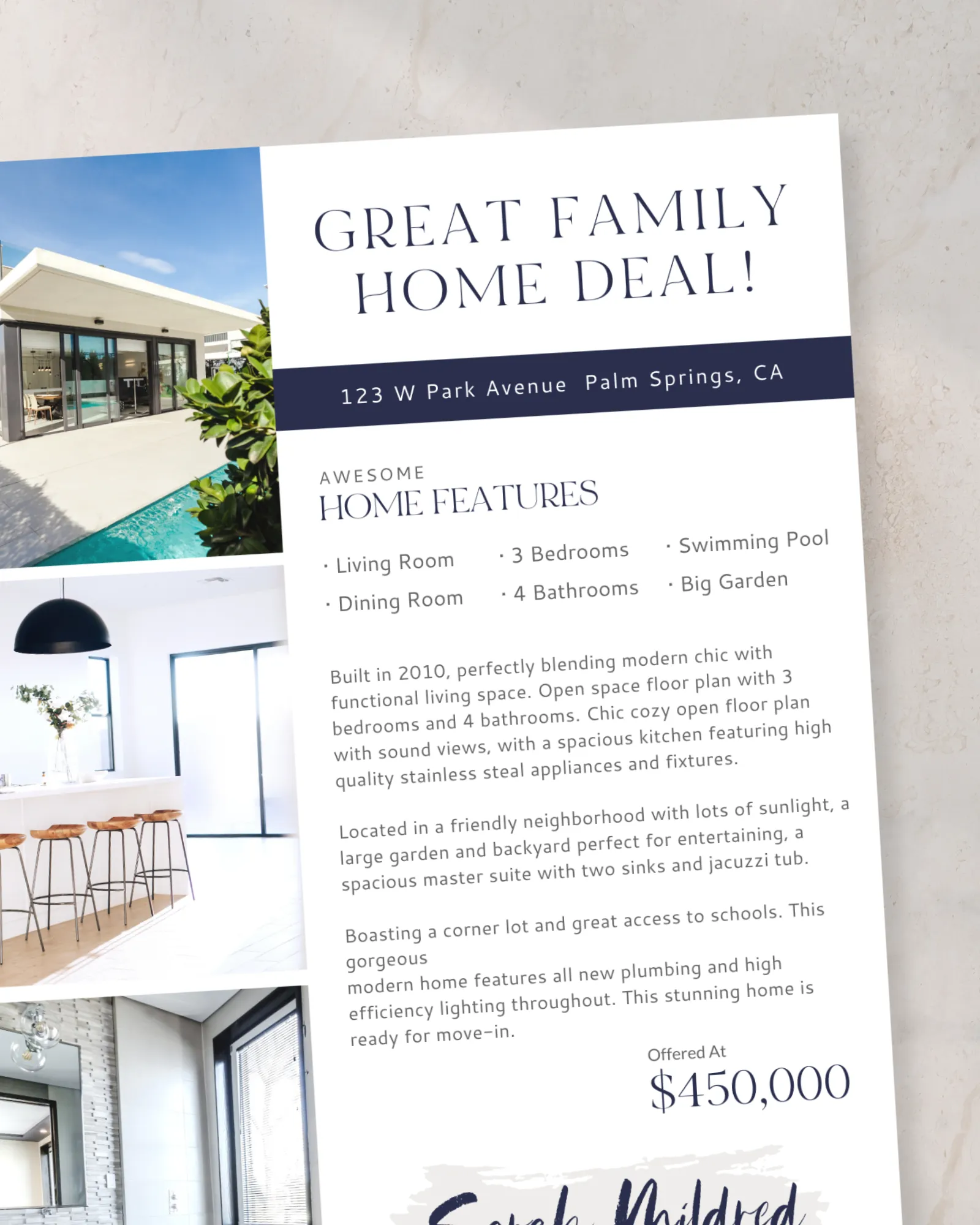 Professional property listing feature sheet template for real estate marketing