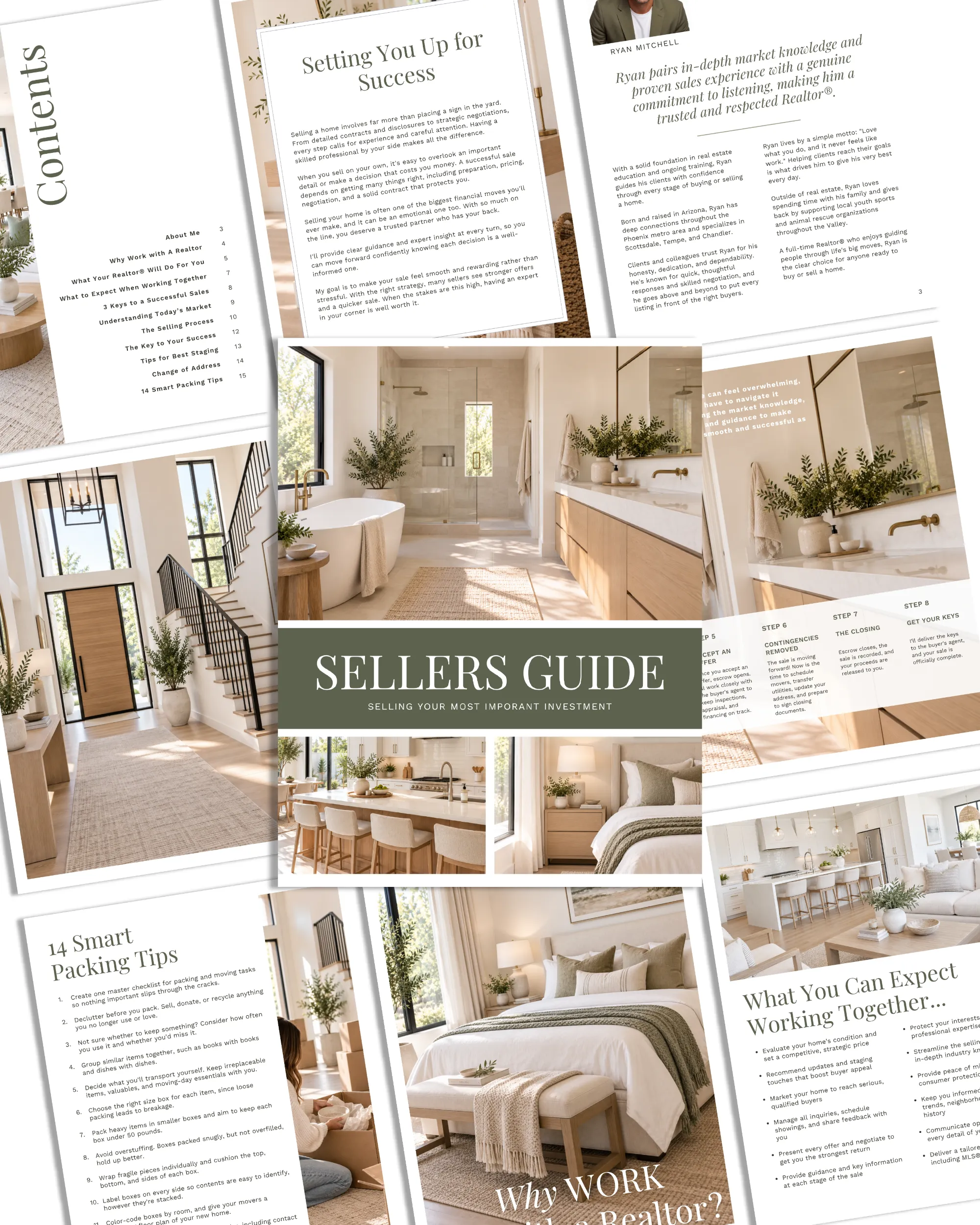 Modern Sage green Real Estate Sellers Guide Template for Canva, 16 page Professional Market Listing Presentation Moving and Listing Checklist Guide Packet