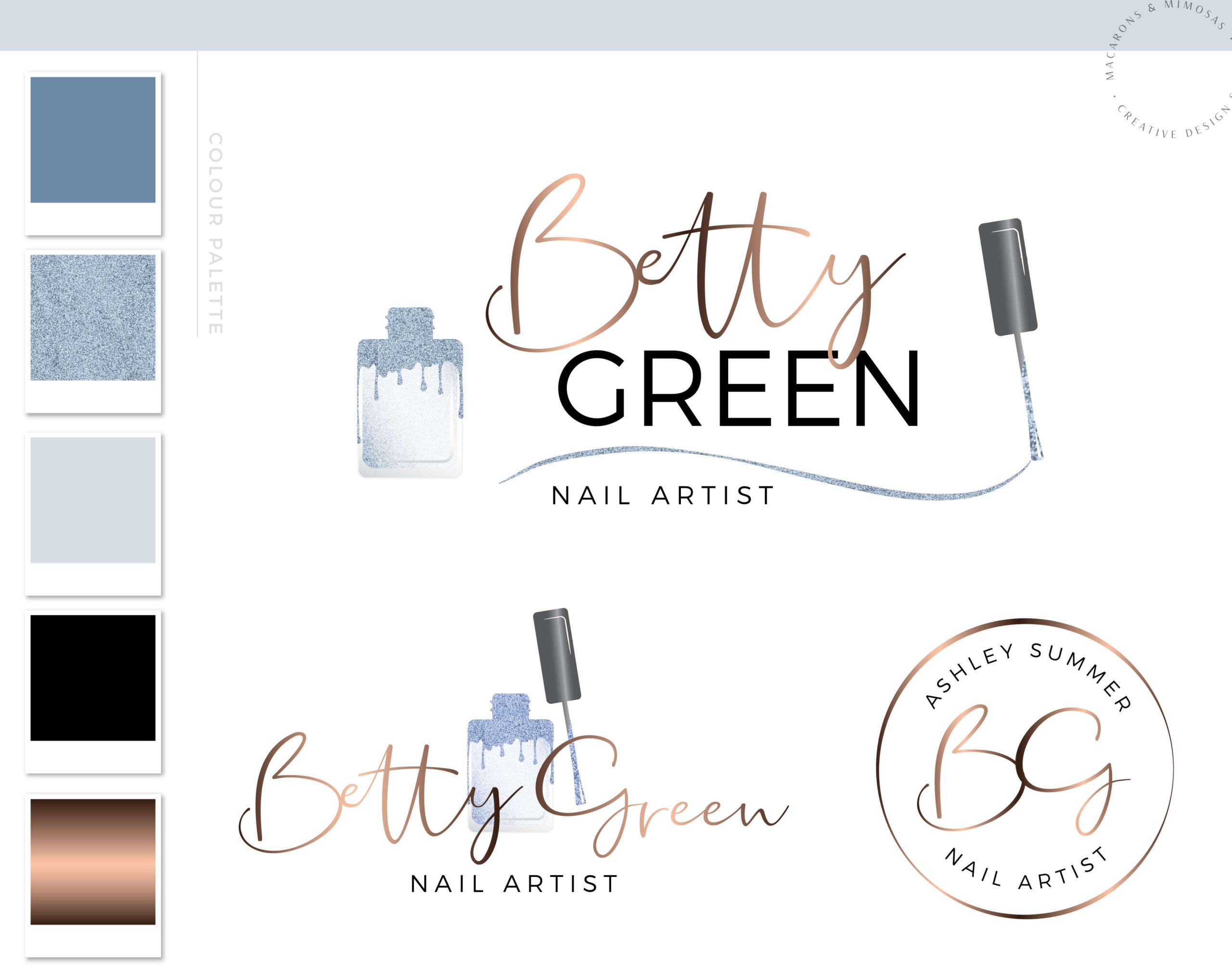 Nail Artist Logo design for Beauty Nail Extension Salon and Watermark Blue Glitter Nail Polish with a Custom Brand Kit and Package