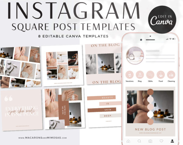 Instagram Templates for Canva, Boho Editable IG Square Posts, 8 Social Media Bundle Templates, Instagram Story Template Bundle