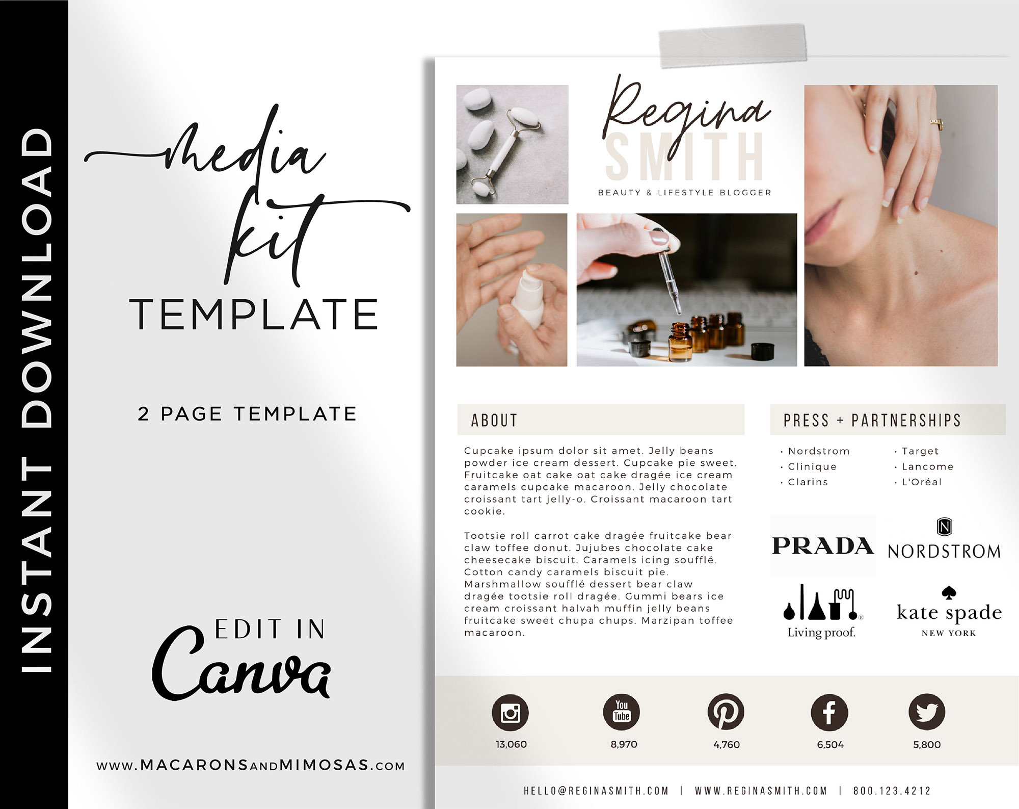 Influencer Media Kit Template, 2 Page Canva Media Kit for Social Media Influencer, Beauty Blogger Instagram Influencer Press Kit Pitch Kit