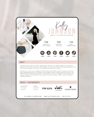 Professional influencer resume template 2 pages editable in Canva showing creator experience and statistics layout