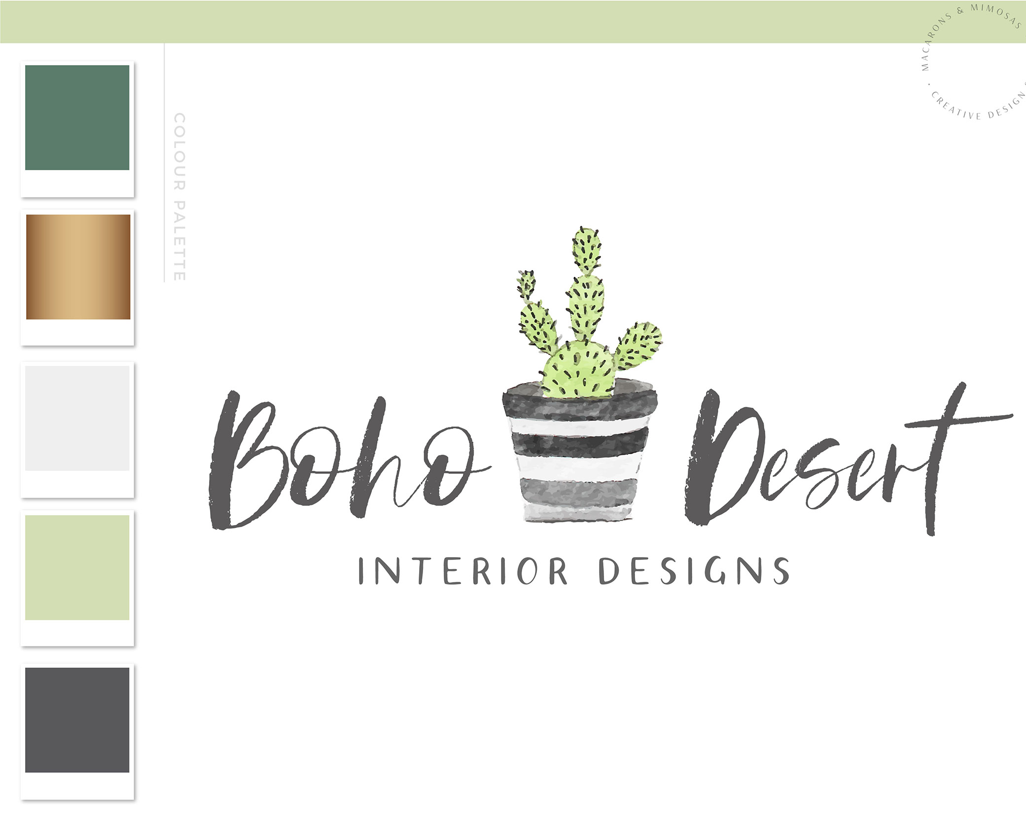 Interior Design Logo, Boho Cactus Logo, Succulent Branding Kit with Logo Watermark, Premade Green Plant in Pot Hand drawn Watercolor Logo