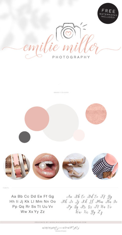 Camera Logo for Photographer, Photography Watermark Logo Branding, Rose Gold Camera Logo Package Design, Premade Watercolor Brushstroke Logo