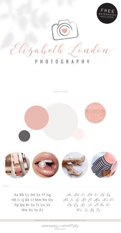 Photography Logo Design, Camera Logo for Photographer, Rose Gold Watermark Branding Package, Premade Watercolor Brushstroke Logo