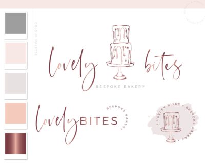 Rose Gold Cake Logo Design, Bakery and Watercolor Cakes Branding Package, Artisan Cakes and Wedding Planner Event Planner logo