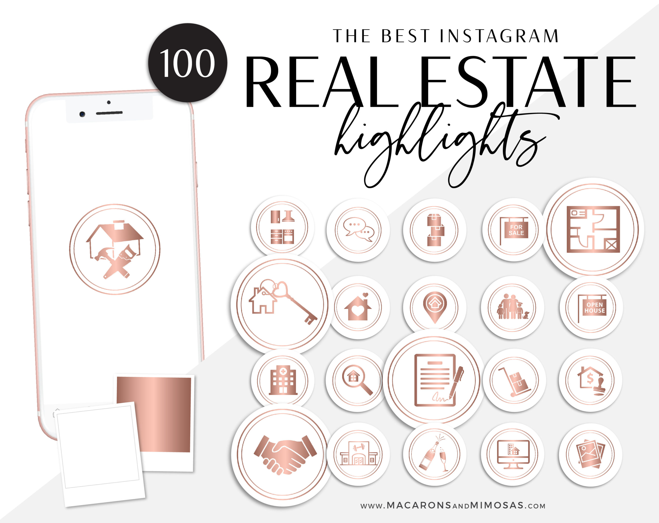 Real Estate Instagram Highlights, Blue Gold Realtor Highlight Icons, Rose Gold Instagram Covers, Real Estate IG Story covers