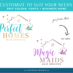 Cleaning Lady Logo to edit in canva. Style your business with our professional custom maid and house cleaning brand design package.