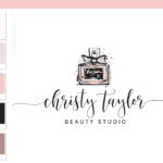 Perfume Logo, Beauty Blogger Fashion Influencer Logo Branding Design, Pink Bow Hand Drawn perfume Bottle Watermark, Feminine Girly Logo