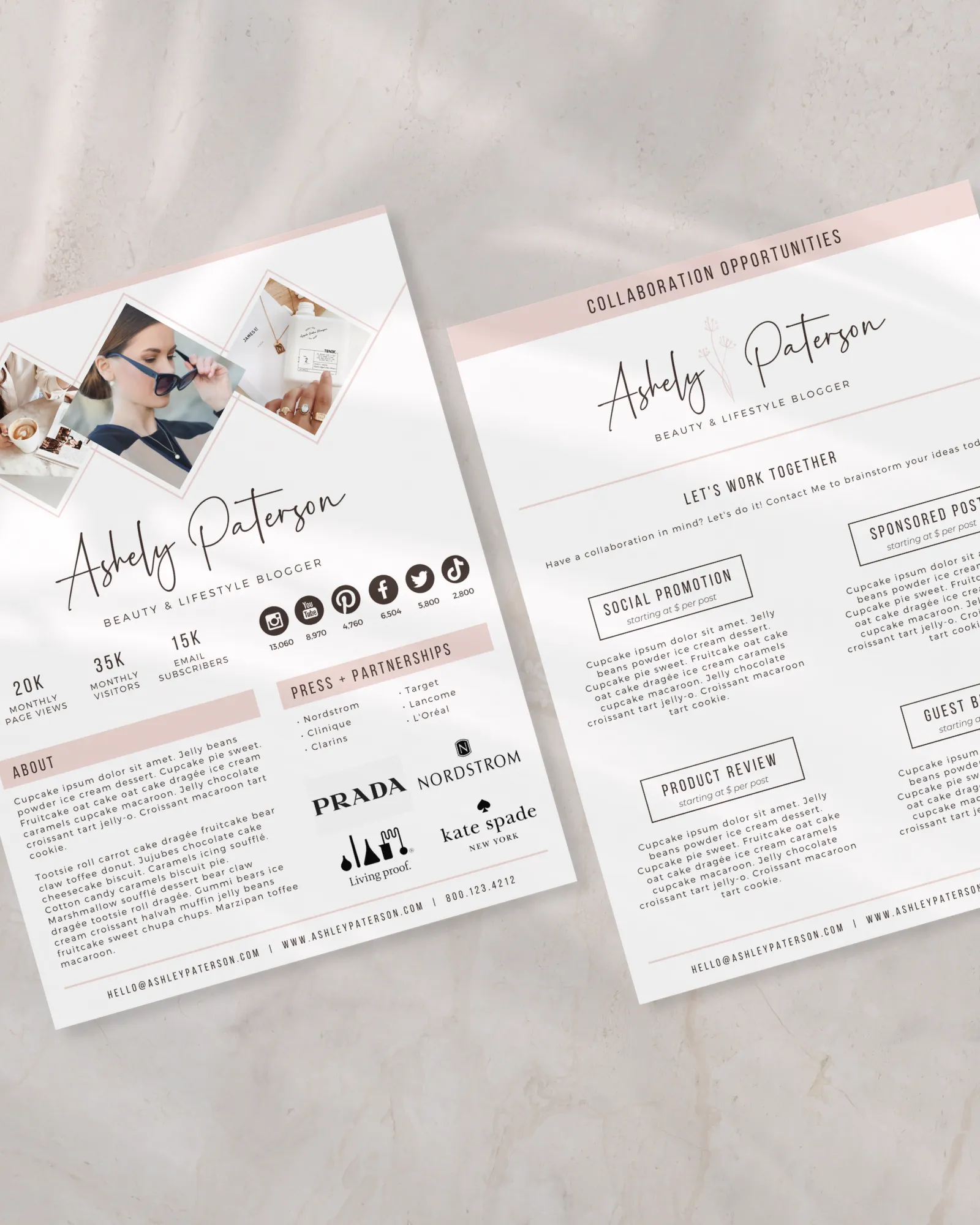 Brand collaboration proposal template 2 pages editable in Canva showing partnership and creator statistics layout