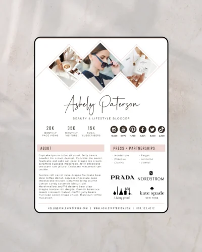 Brand collaboration proposal template 2 pages editable in Canva showing partnership and creator statistics layout