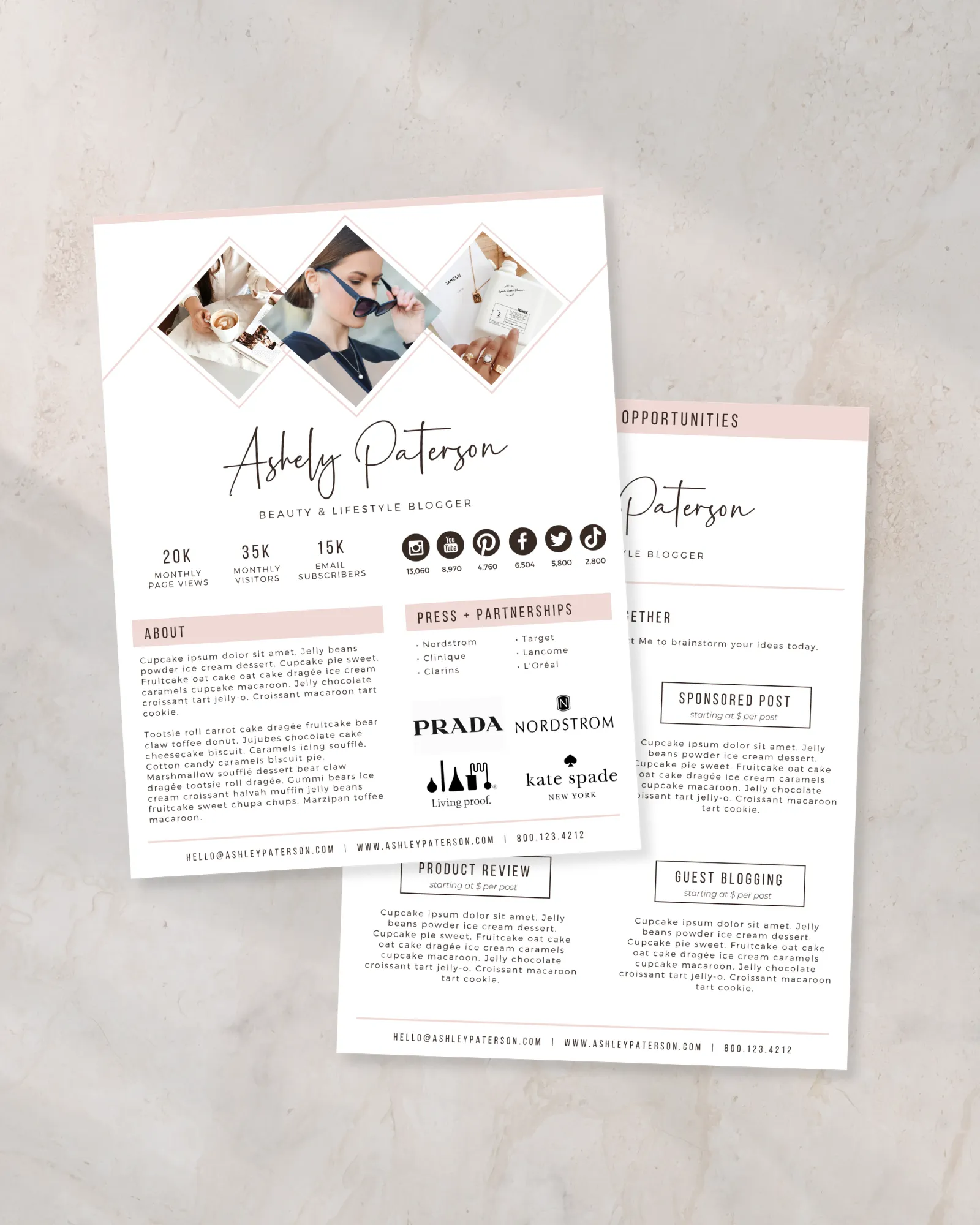 Brand collaboration proposal template 2 pages editable in Canva showing partnership and creator statistics layout