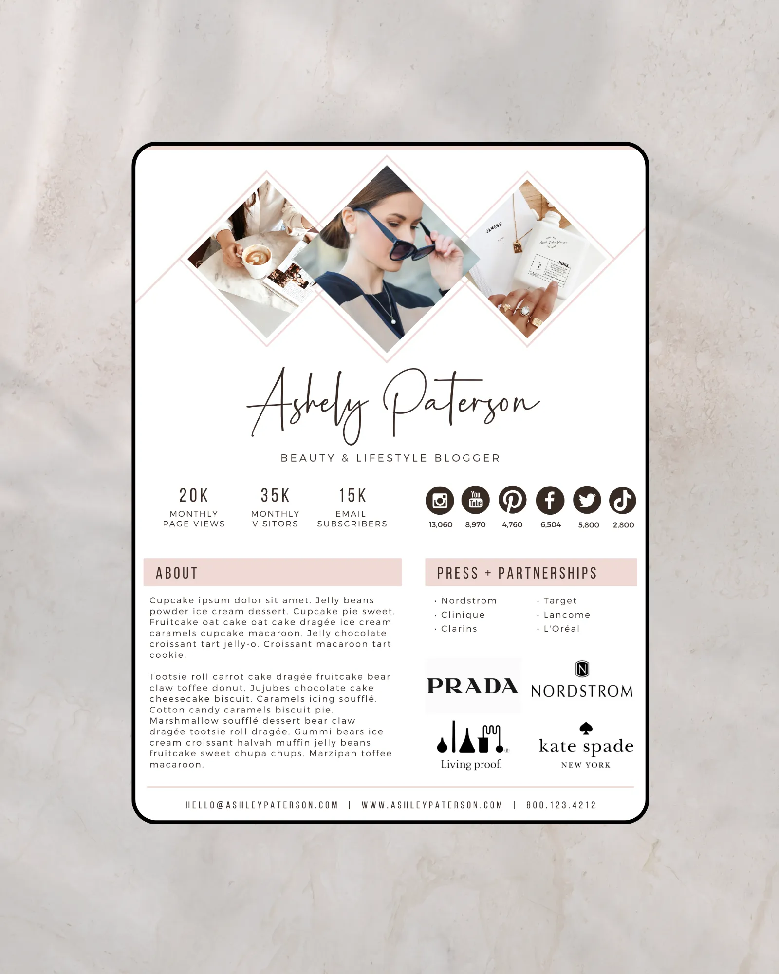 Brand collaboration proposal template 2 pages editable in Canva showing partnership and creator statistics layout