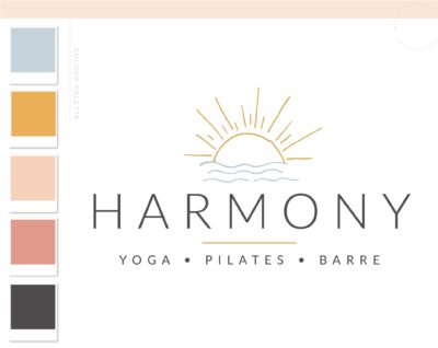 Yoga Logo, Health Wellness Pilates Studio Branding Logo Design, Barre Logo Package, Sun Water Logos Watermark, Fitness Training Brand Design