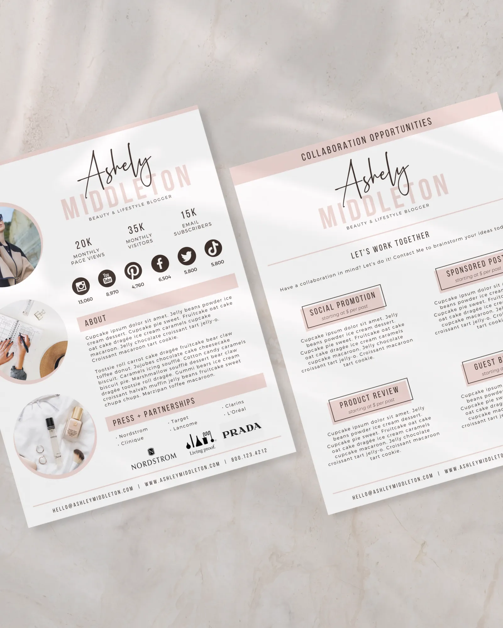 UGC portfolio template 2 pages editable in Canva showing content examples and creator statistics