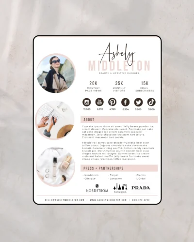 UGC portfolio template 2 pages editable in Canva showing content examples and creator statistics