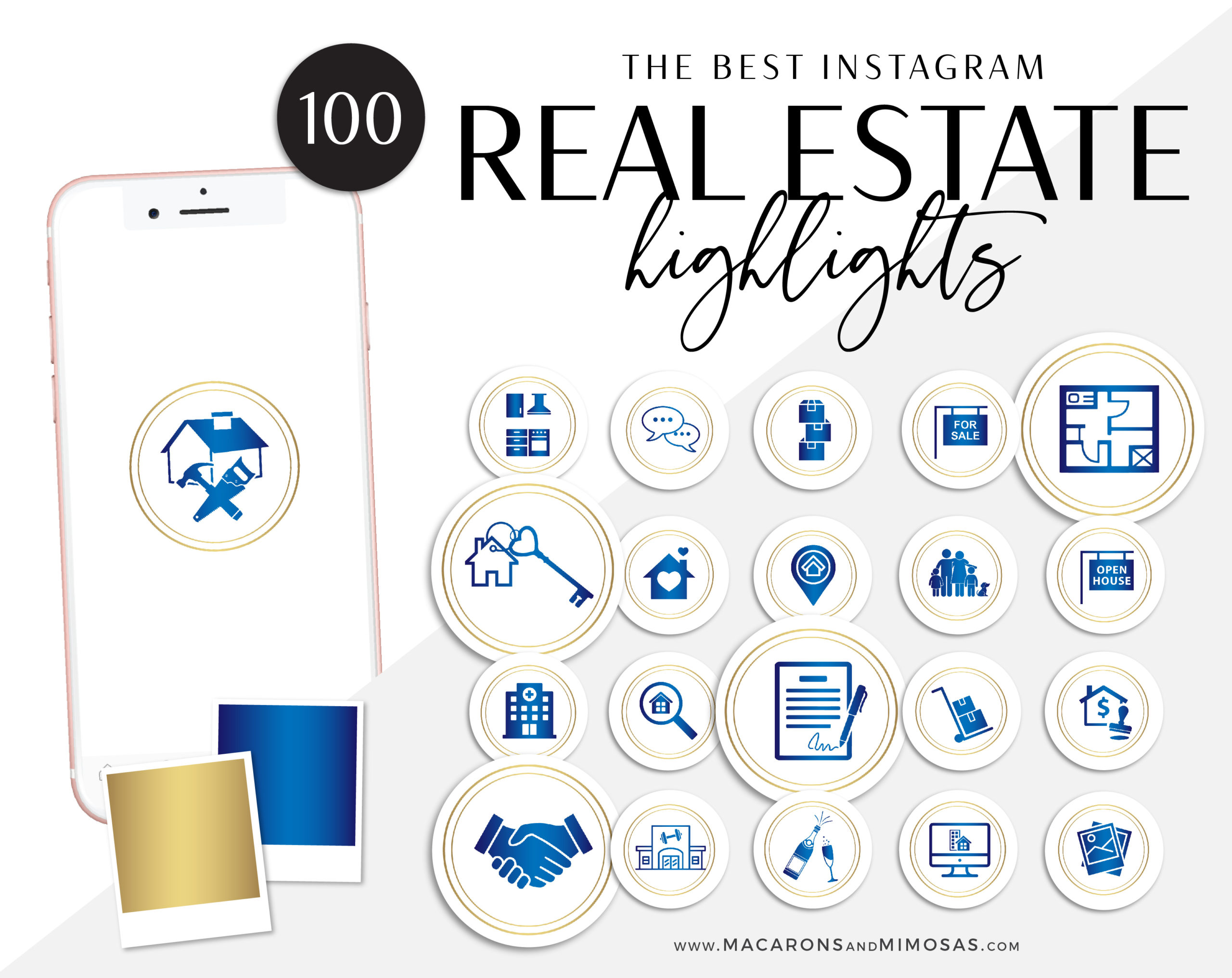 blue realtor Instagram highlights Icons, Gold Blue IG Icons, Story Highlight Icons, IG Stories Post cover, social media icons