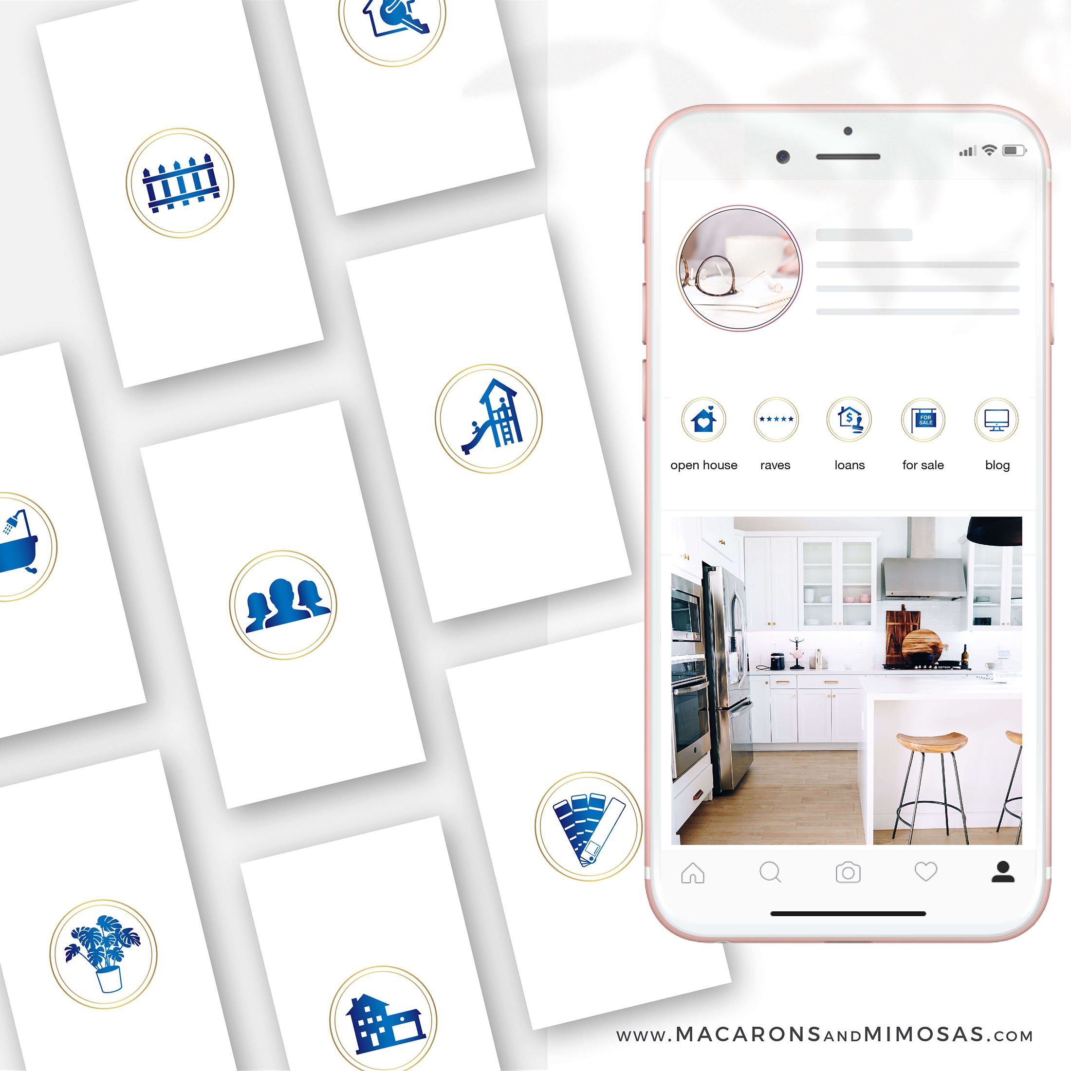100 Real Estate Instagram Story Highlight Icons, Gold Blue IG Icons, Story Highlight Icons, IG Stories Post cover, social media icons