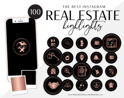 100 Real Estate Instagram Story Highlights, Black Rose Gold IG Icons, Story Highlight Icons, IG Stories Post cover, social media icons